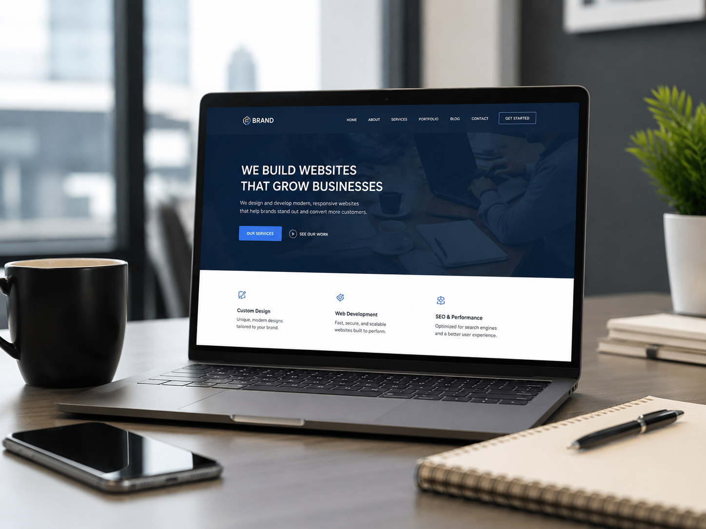 Web agency website on a laptop — "We Build Websites That Grow Businesses"