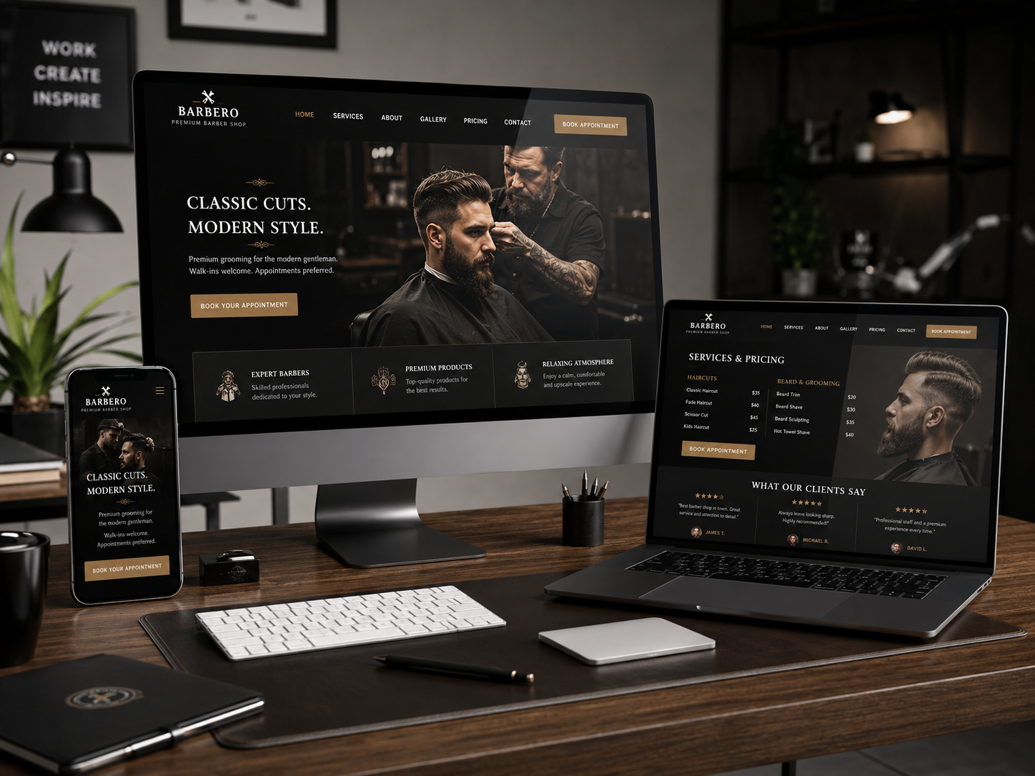 Barbero barber shop website shown on desktop, laptop, and mobile devices