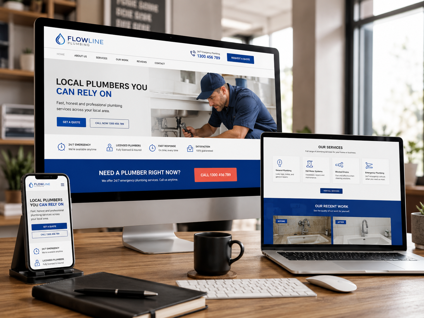 Flowline Plumbing website shown on desktop, laptop, and mobile devices